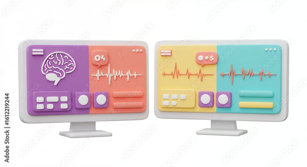Poster colorful computer monitors displaying health data