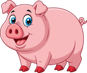 Cartoon pink pig with curly tail, smiling farm animal character, cad drawing, vector illustration, cheerful face, cute livestock design
