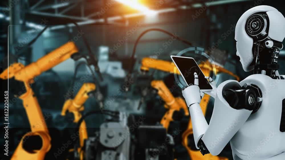 Poster cybernated industry robot and robotic arms for assembly in factory production . concept of artificia
