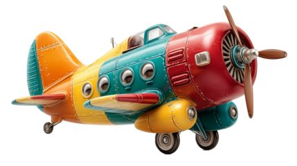 Artistic vector image of a whimsical children's airplane, drawn with a combination of cartoon charm and professional sharpness. The plane is presented in a hovering form, which gives it visual lightne