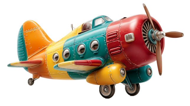 Artistic vector image of a whimsical children's airplane, drawn with a combination of cartoon charm and professional sharpness. The plane is presented in a hovering form, which gives it visual lightne