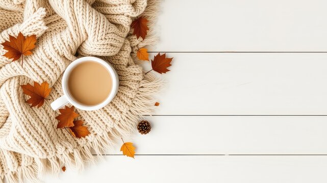 Cozy autumn morning scene showcasing a warm drink, knitted scarf, and colorful leaves on a white wooden surface