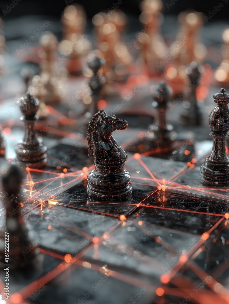Poster chess pieces arranged on network board. futuristic tech theme. strategy game concept. global network
