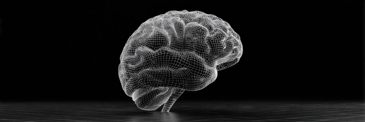 Wireframe Brain Rotating Above Dark Surface Showcasing Intricate Neural Structure in a Modern Digital Art Representation