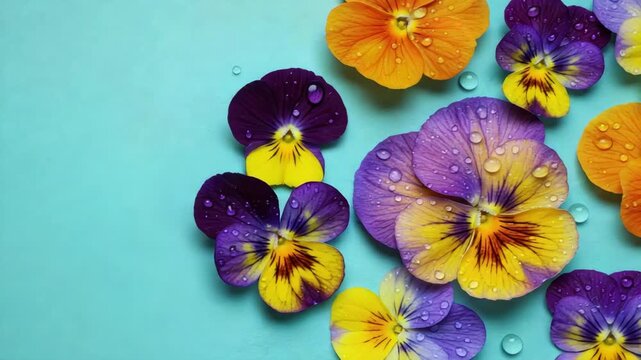 Colorful pansy flowers with water drops