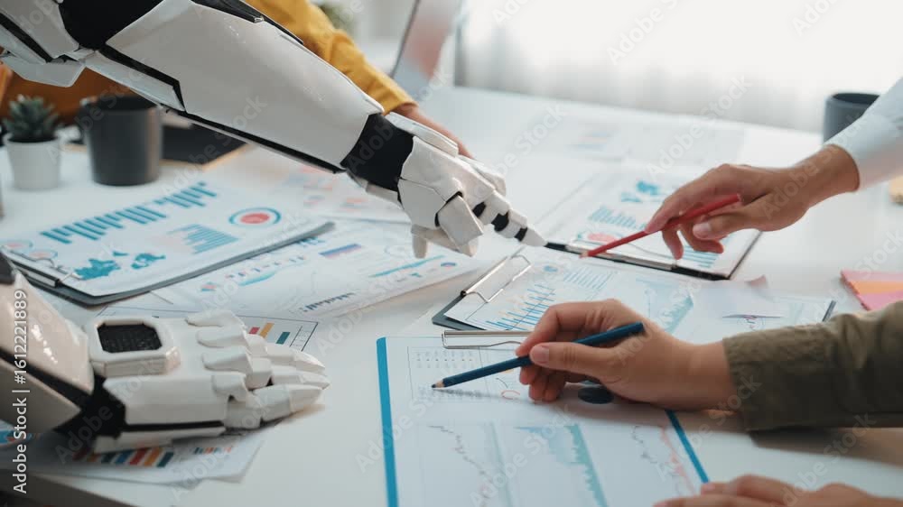 Poster business professionals using ai-driven analytics tools to refine corporate planning and optimize mar