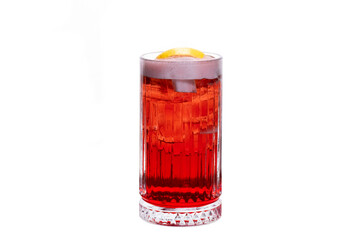 Refreshing hibiscus iced tea in a glass. Chilled hibiscus tea. Herbal summer drink. Hibiscus cold brew. Floral and healthy refreshment