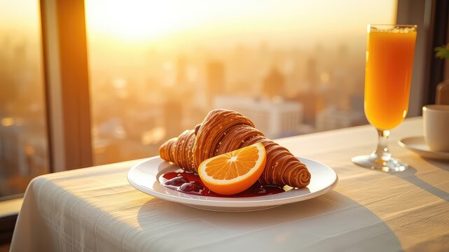 Breakfast scene with croissants, orange slice, juice, coffee, and jam served on a table with golden sunlight pouring through the window - Powered by Adobe
