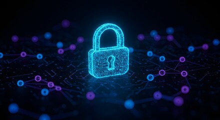 Glowing digital padlock icon representing data security and network protection.