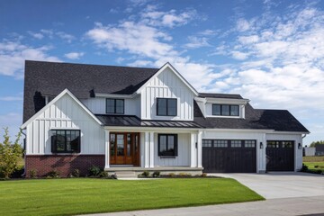 Obraz premium Charming modern farmhouse style residence features a white exterior, gabled roof, and landscaped yard under a clear blue sky during the day in a suburban community