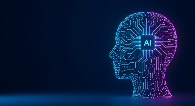 A futuristic illustration of a human head overlaid with circuit board patterns and an AI chip, highlighting the concept of artificial intelligence.