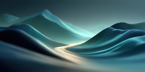 Flowing teal and midnight blue waves weave together in a tranquil, digital landscape. Subtle gradients of light and shadow enhance the futuristic and serene atmosphere.

