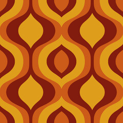 Seamless Pattern Bold and groovy 70s pattern featuring wavy teardrop shapes in warm tones of orange, mustard, and brown, radiating retro energy and vintage charm.