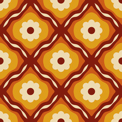 Seamless Pattern A vibrant retro 70s pattern with floral-inspired shapes and smooth geometric lines, radiating warmth, energy, and groovy optimism.
