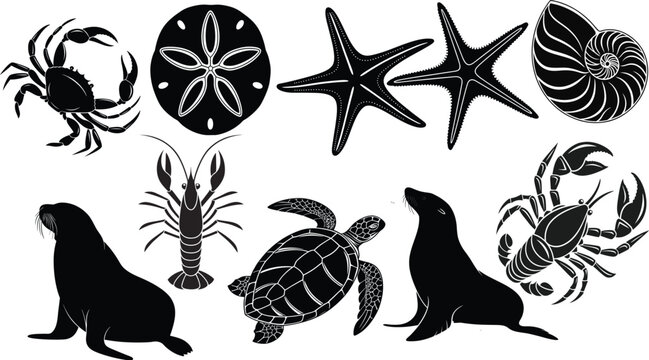 Set Of Sea Animals Silhouette