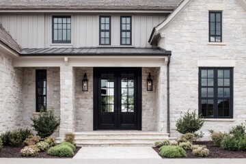 Fototapeta premium The stunning exterior of a contemporary stone house features an elegant black front door and meticulously maintained landscaping, all bathed in beautiful daylight
