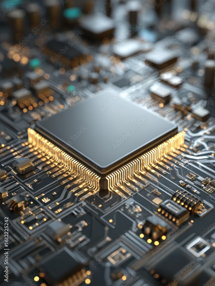 Poster a secure digital chip is centrally placed on a circuit board, signifying advanced technology and cyb