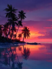 Tropical beach adorned by palm tree silhouettes during a magical sunset