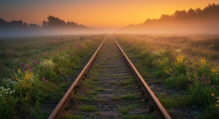 Misty sunrise railroad tracks