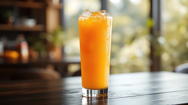 Refreshing cool orange beverage served in a tall glass with ice on a wood table with blurred background