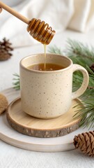 Golden honey pours from a dipper into a warm beverage in a rustic mug, surrounded by winter pine branches and natural cones.
