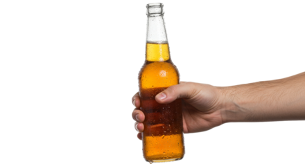 Hand holding cold beer bottle on white background