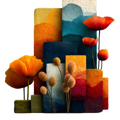 Colorful abstract floral cityscape illustration with modern geometric shapes and surreal paper texture flowers in bold orange, blue, and red hues on a transparent background