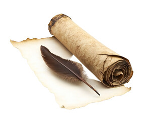 Photo of an old, rolled parchment scroll with a torn edge lies next to a dark feather quill, isolated on a plain transparent background, evoking a sense of history and ancient writing