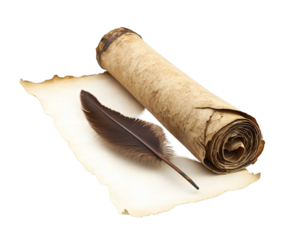 Photo of an old, rolled parchment scroll with a torn edge lies next to a dark feather quill, isolated on a plain transparent background, evoking a sense of history and ancient writing