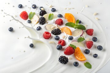 Bright berries and fresh fruit pieces splash into a vibrant white liquid wave. Nutritious ingredients create a delicious dynamic scene.