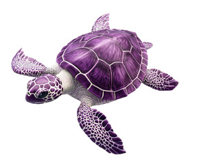 Fototapeta premium Photo of a vibrant purple sea turtle gracefully swims with its flippers extended, showcasing its detailed shell and patterns against a stark transparent background