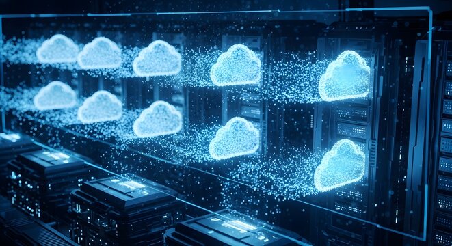 Digital cloud icons hover over rows of server racks in a data center.