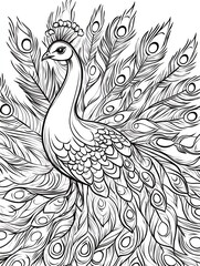 Fototapeta premium Peacock Coloring Page, Detailed Illustration, Black and White, Coloring Book, Educational Material, for Kids