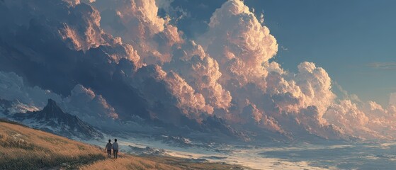 Couple walking along coastal path during sunset