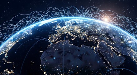 Earth globe with interconnected lines representing global network, communication, and connectivity.