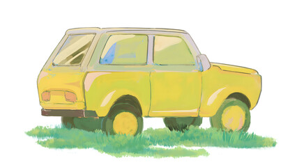 Illustration of a yellow retro van parked on green grass