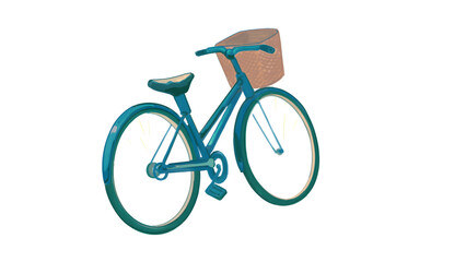Fototapeta premium Turquoise bicycle with wicker basket on white background