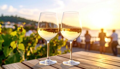 White wine glasses on table at sunset near vineyard and ocean view