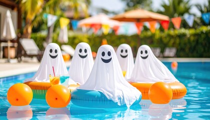 Festive ghost decorations float in a swimming pool for Halloween fun.