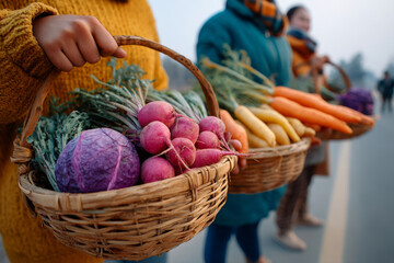 People in colorful clothing holding baskets of fresh carrots and vegetables outdoors