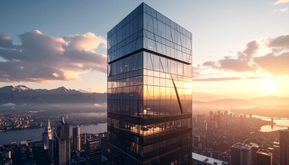 Modern skyscraper in a sunrise cityscape