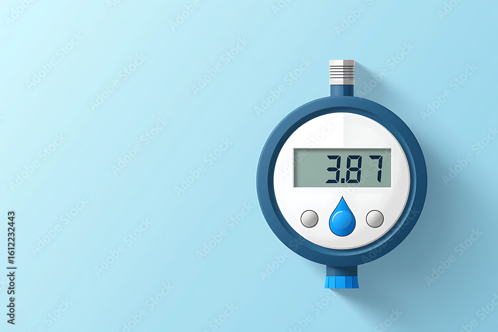 Aufkleber water meter showing water consumption on blue background, digital device with display. water meter f