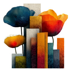 Colorful abstract floral cityscape illustration with modern geometric shapes and surreal paper texture flowers in bold orange, blue, and red hues on a transparent background