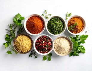 Colorful Jamaican jerk seasoning blend displayed in small bowls on light background