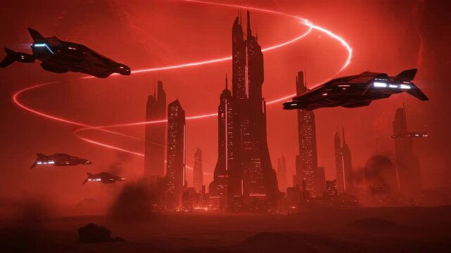 Futuristic red cityscape with hovercraft