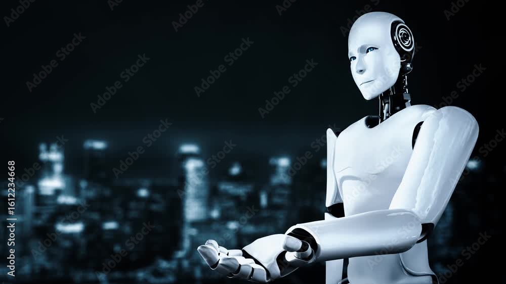 Poster futuristic robot artificial intelligence huminoid ai programming coding technology development and m