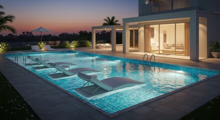 Obraz premium Modern luxury villa with illuminated infinity pool at twilight