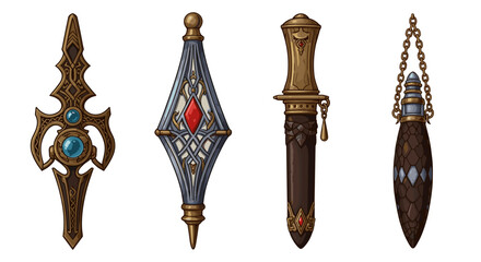 Four ornate magical artifacts, medieval and fantasy style, against white backdrop