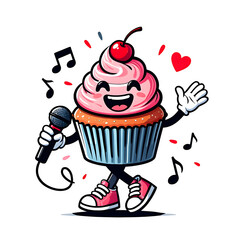 Cupcake with ice cream and cherry dessert illustration on pink background