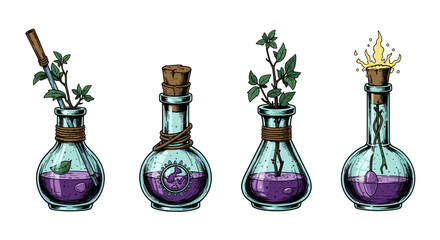 Four whimsical potion bottles illustration with purple liquid and plants